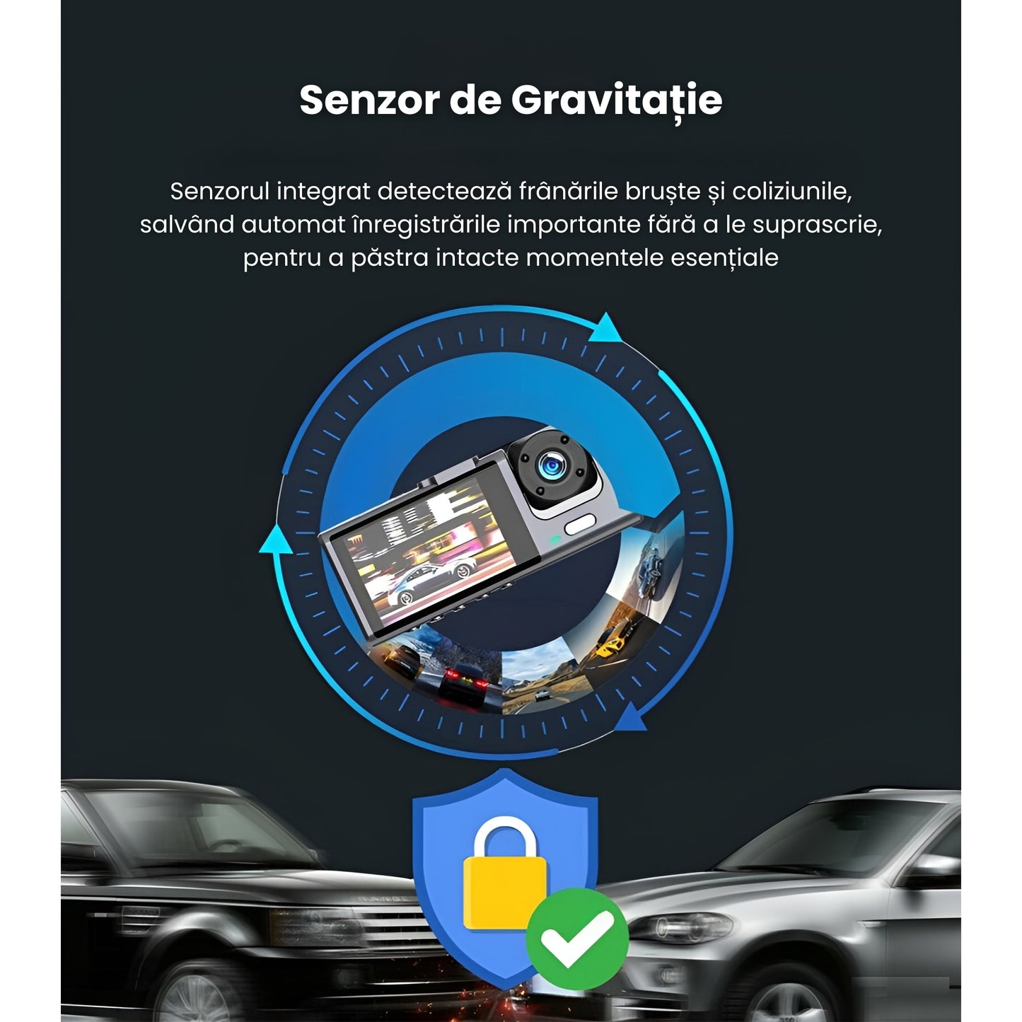 Camera Auto DVR, 3 In 1, Camera De Bord, Interior, Marsarier, Ultracompacta, FULL HD 1080P, Card Micro-SD 32GB Inclus, Wifi Conectare Telefon, Inregistrare in bucla, G-Sensor, Unghi filmare larg, Negru