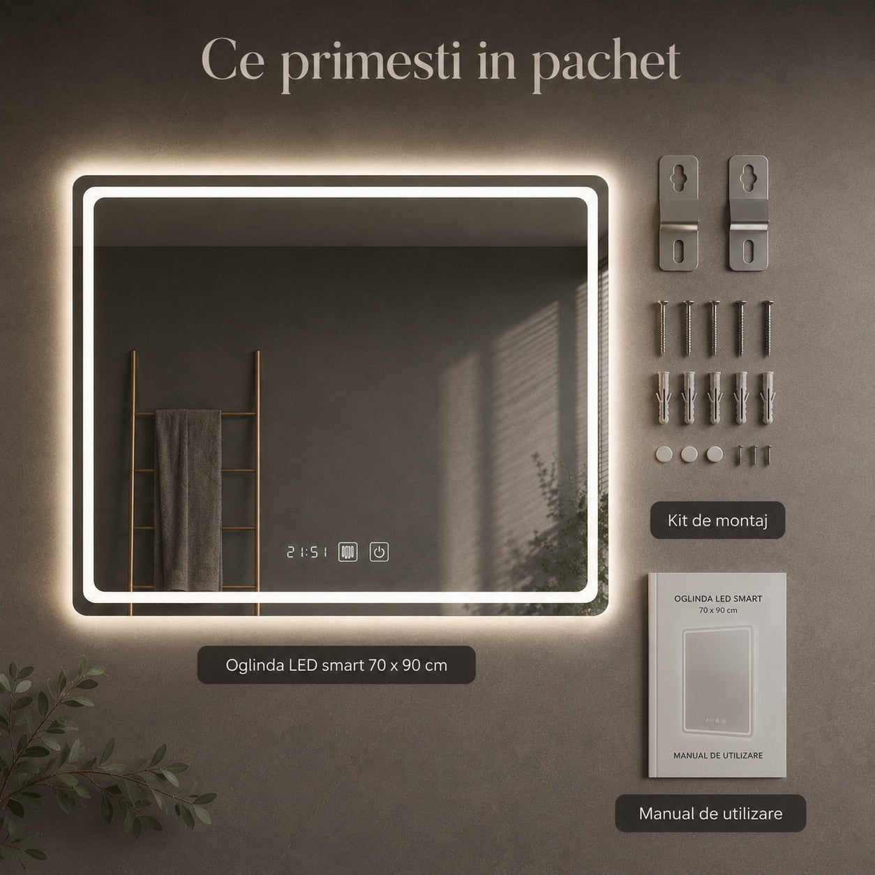 Oglinda LED Baie Smart 70x90 cm - luminozitate reglabila