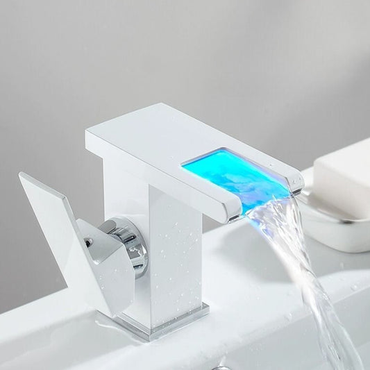 Baterie Sanitara Baie,LED Cascada Modern, Jet RGB, Finisaj Alb Mat