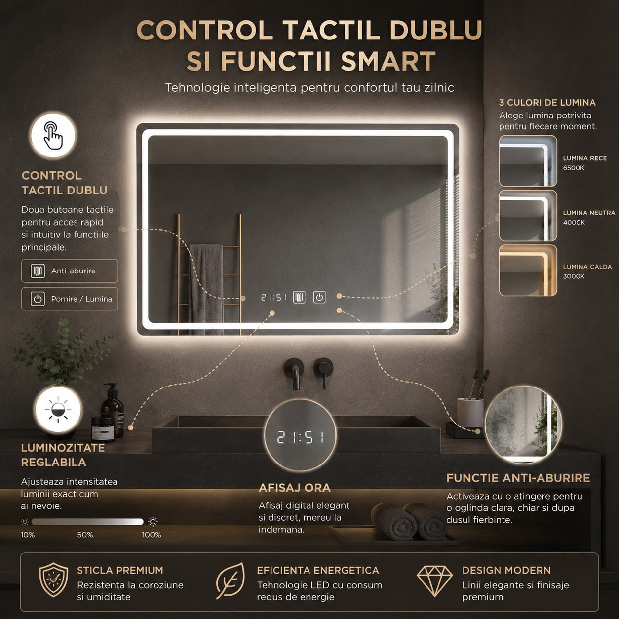 Oglinda LED Baie Smart 70x90 cm - functie anti-aburire