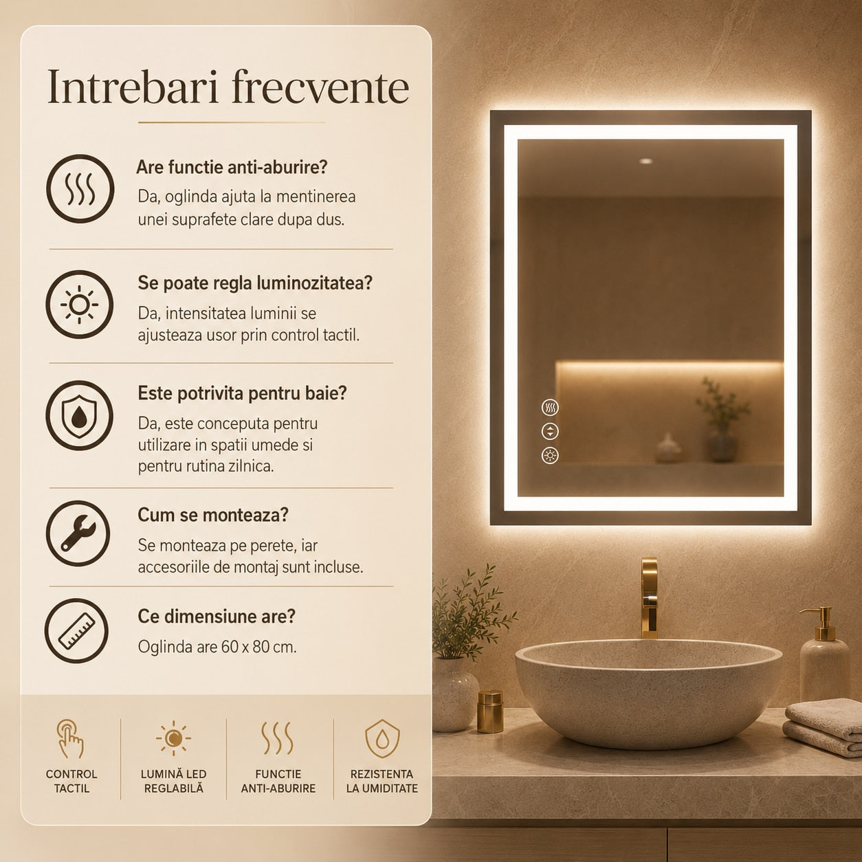 Oglinda LED Baie Smart 60x80 cm - functie anti-aburire