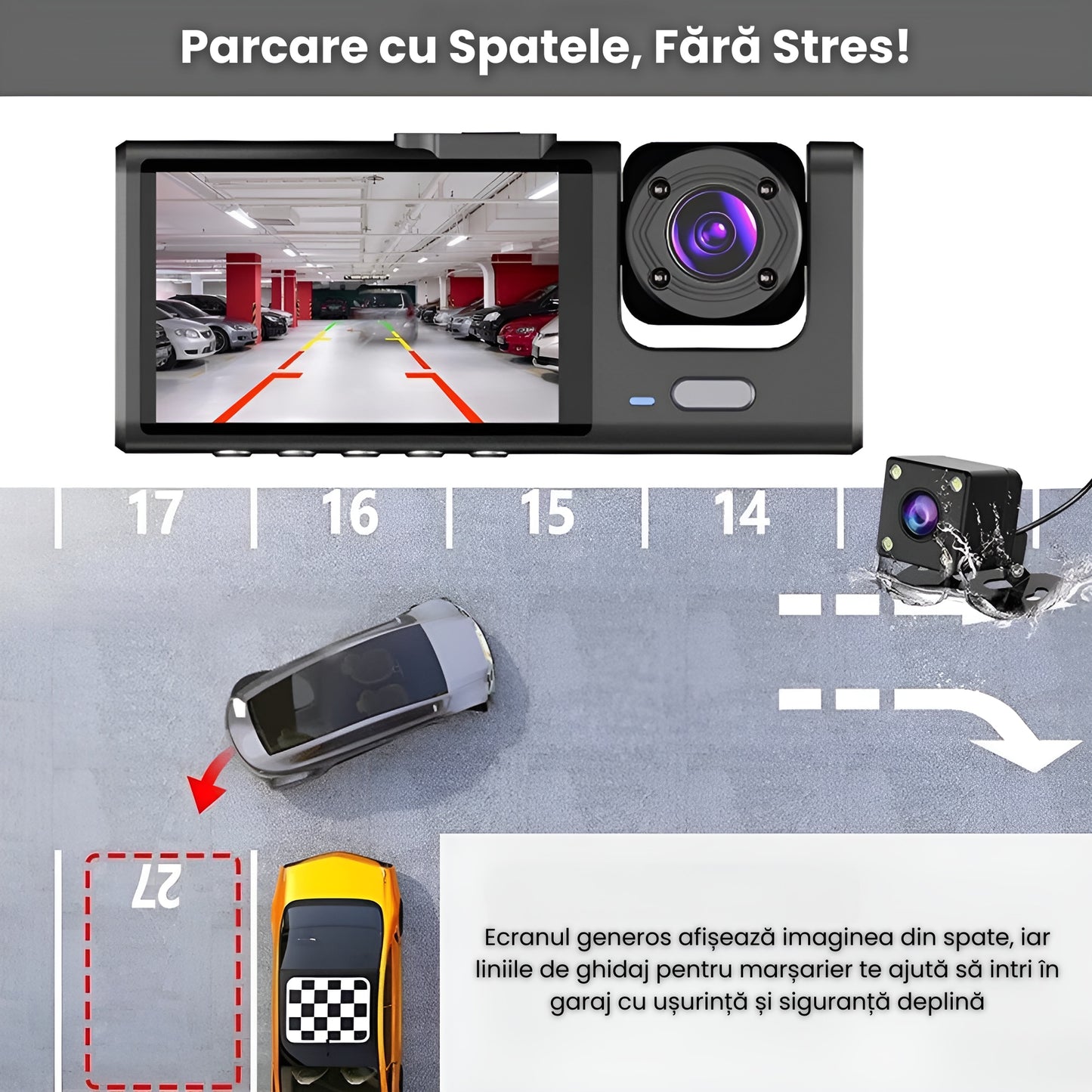 Camera Auto DVR, 3 In 1, Camera De Bord, Interior, Marsarier, Ultracompacta, FULL HD 1080P, Card Micro-SD 32GB Inclus, Wifi Conectare Telefon, Inregistrare in bucla, G-Sensor, Unghi filmare larg, Negru