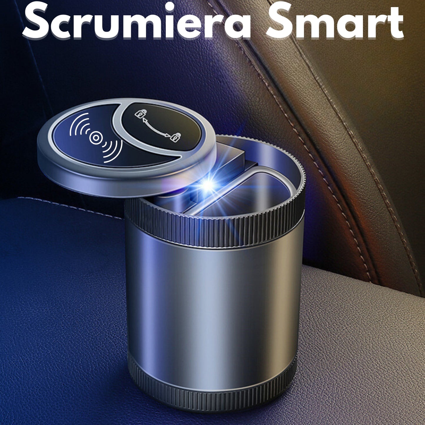 Scrumiera Auto, Deschiderea si inchiderea automata a capacului Cu Senzor, Aliaj aluminiu/ABS,Iluminare LED, Incarcare USB, Negru