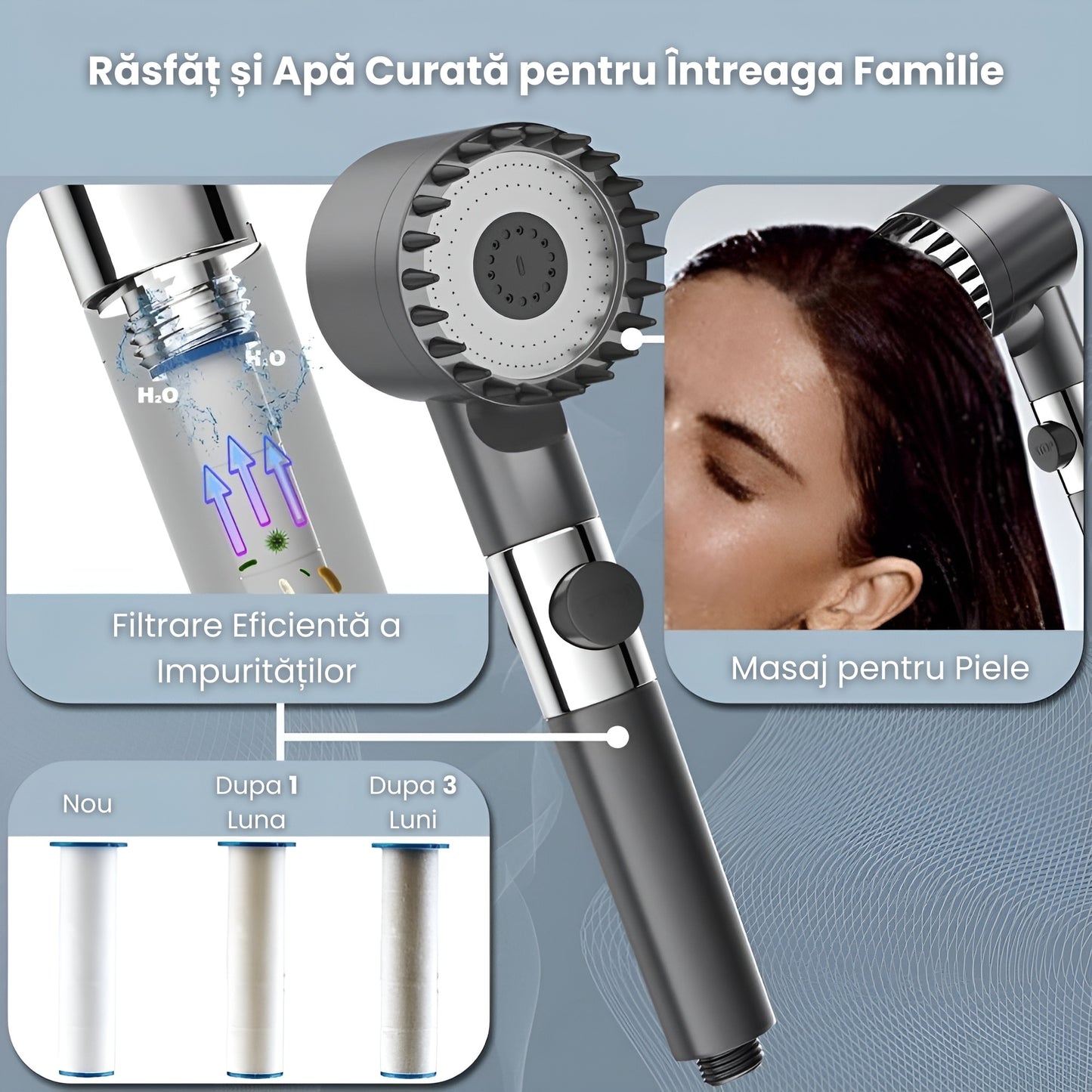Para Tip Cap de Dus Premium 4 In 1, Buton Oprire-Pornire Jet,3 Moduri Diferite De Presiune si Economisire a Apei,Gri