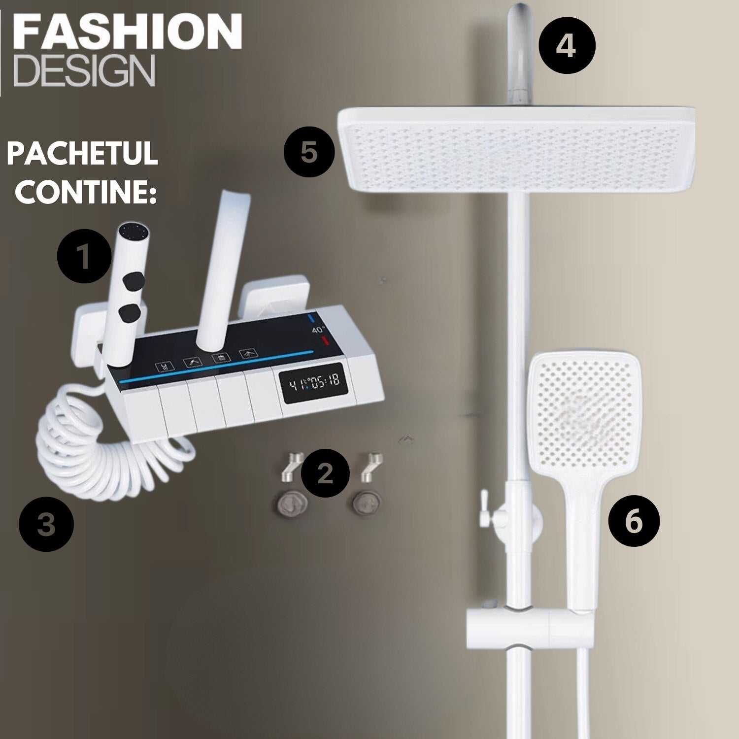 Coloana De Dus, Afisaj Temperatura Digital, Lumini LED, Fara Conectare La Curent Electric, Alb