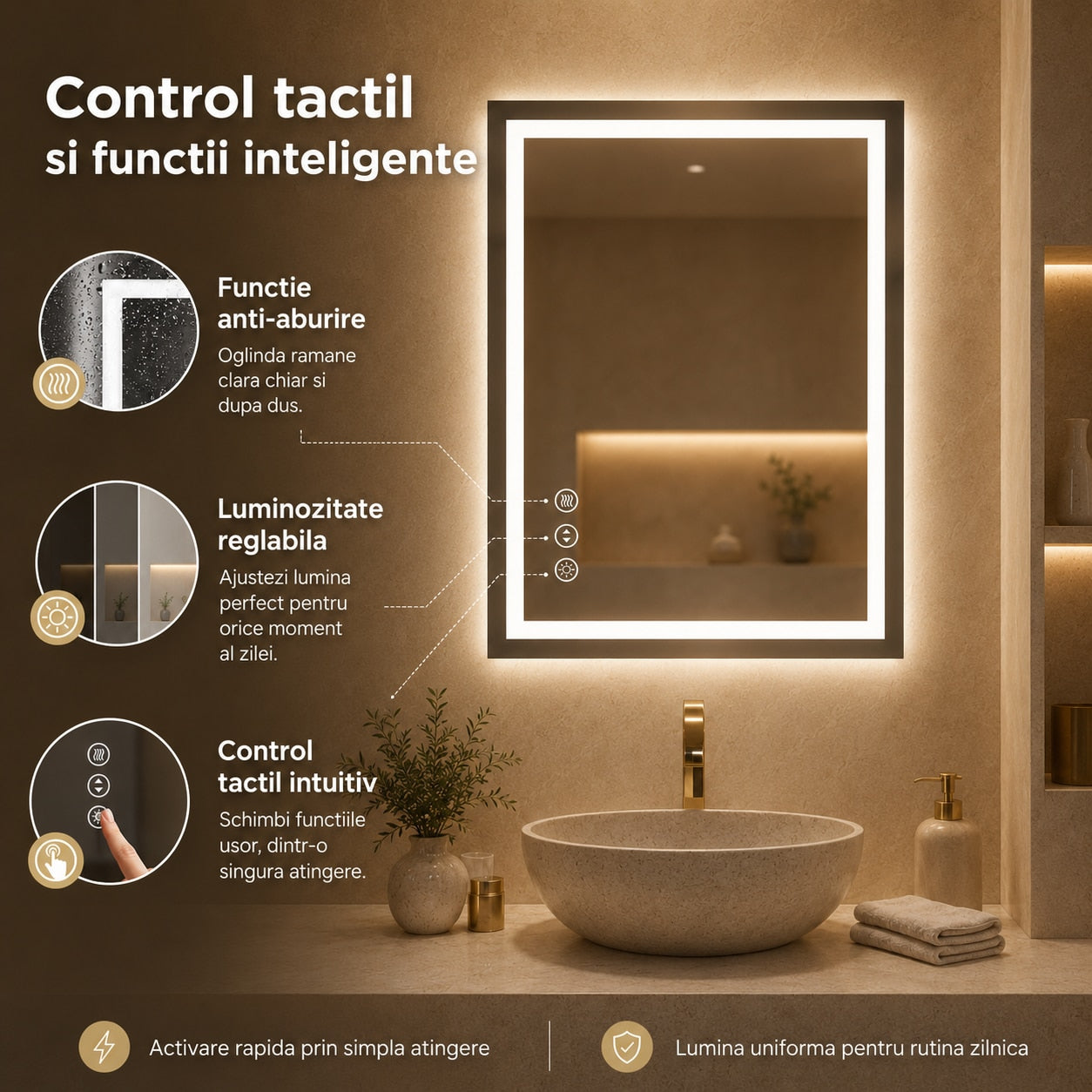 Oglinda LED Baie Smart 60x80 cm - control tactil