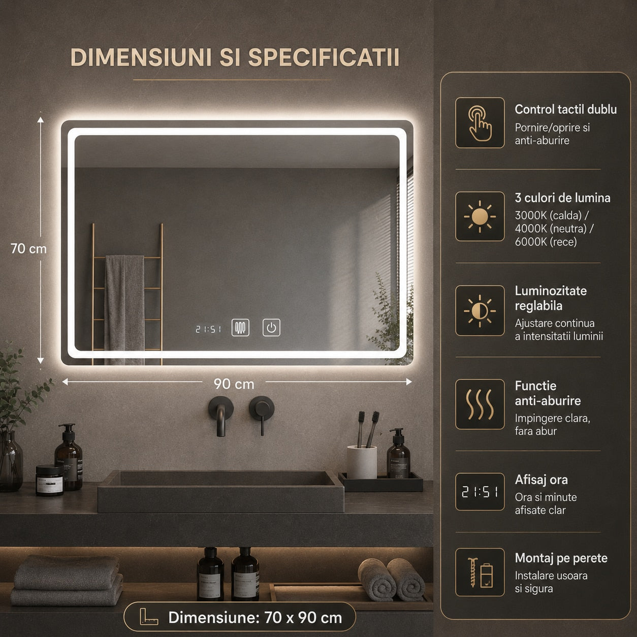 Oglinda LED Baie Smart 70x90 cm - control tactil dublu