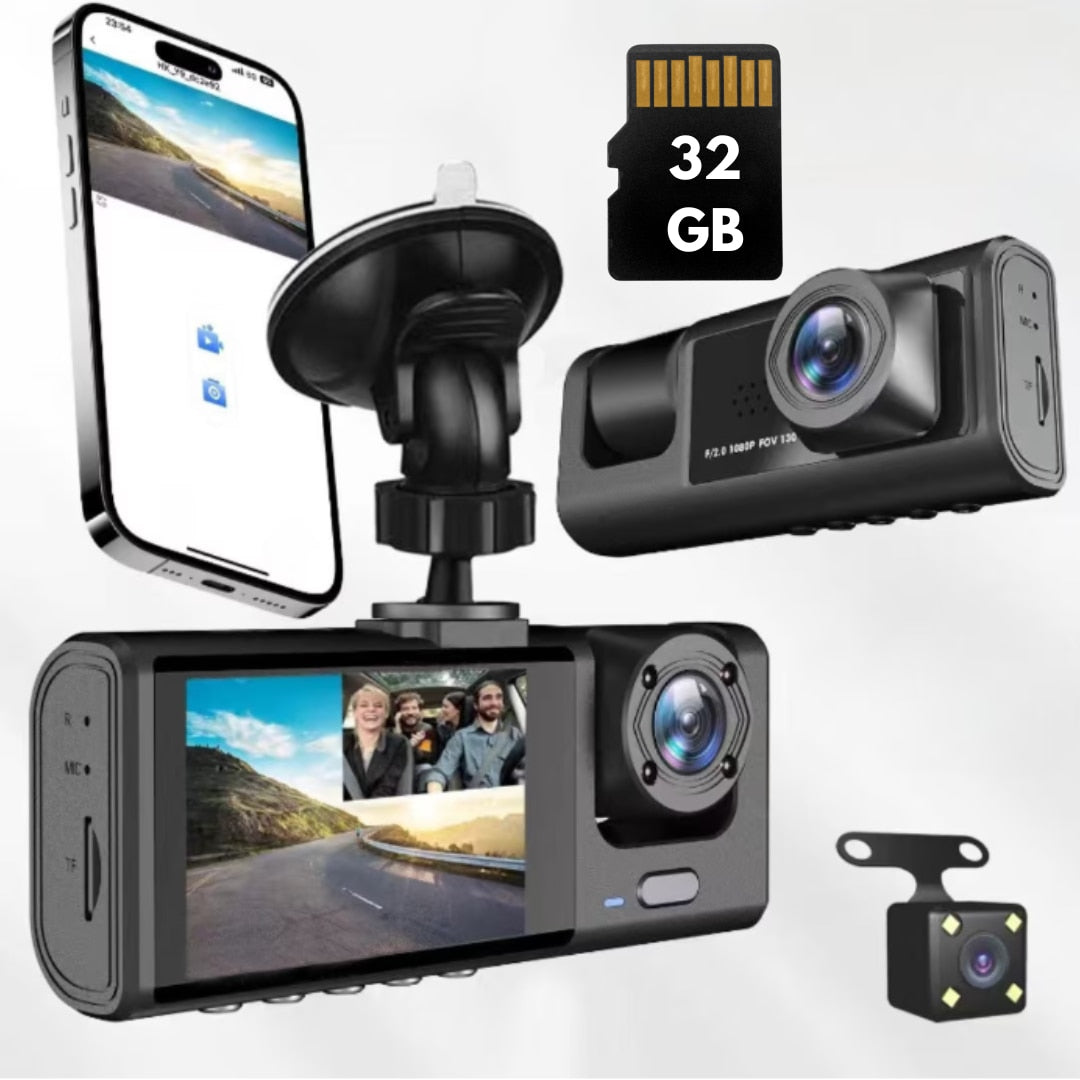 Camera Auto DVR, 3 In 1, Camera De Bord, Interior, Marsarier, Ultracompacta, FULL HD 1080P, Card Micro-SD 32GB Inclus, Wifi Conectare Telefon, Inregistrare in bucla, G-Sensor, Unghi filmare larg, Negru