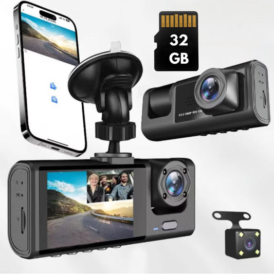 Camera Auto DVR, 3 In 1, Camera De Bord, Interior, Marsarier, Ultracompacta, FULL HD 1080P, Card Micro-SD 32GB Inclus, Wifi Conectare Telefon, Inregistrare in bucla, G-Sensor, Unghi filmare larg, Negru