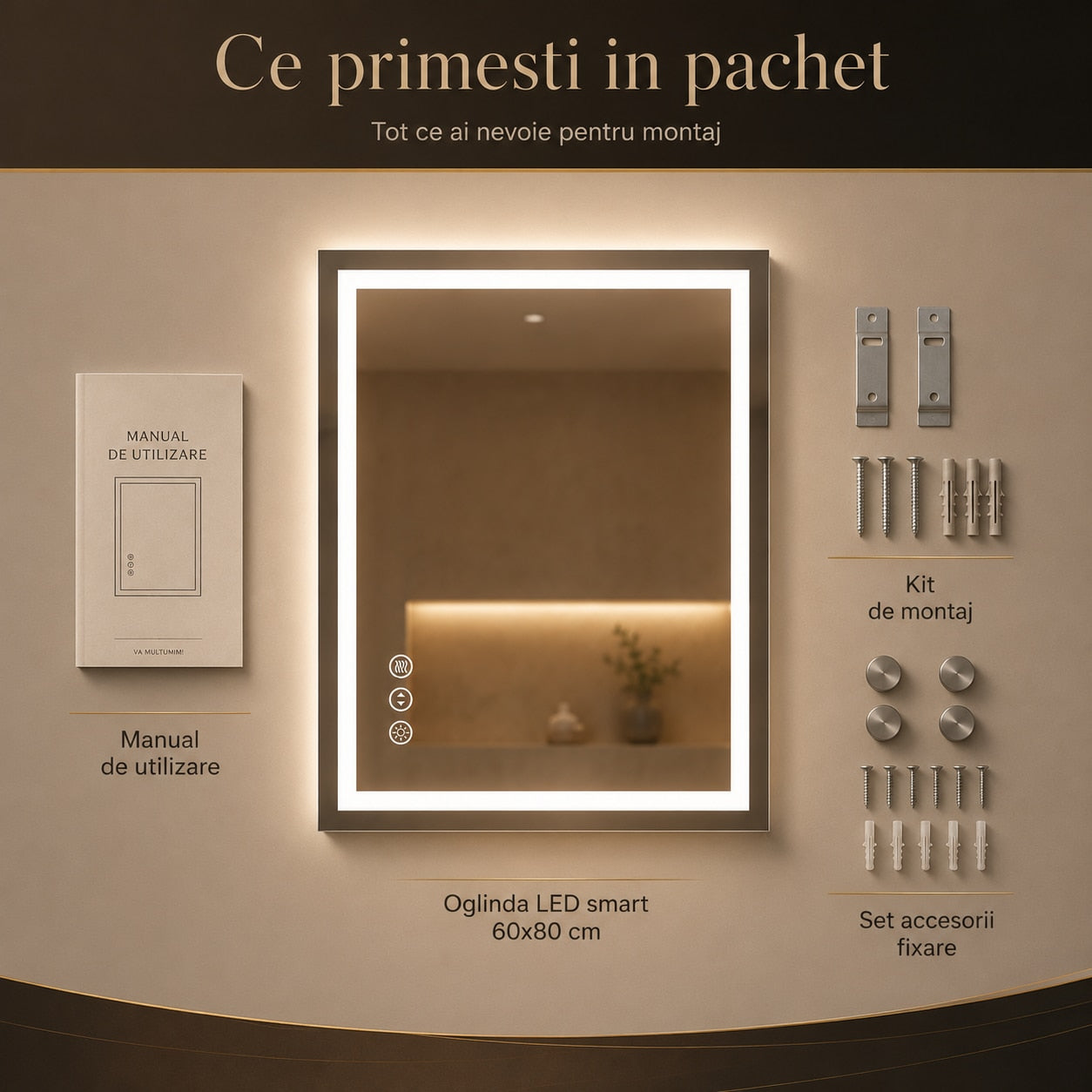 Oglinda LED Baie Smart 60x80 cm - montaj pe perete
