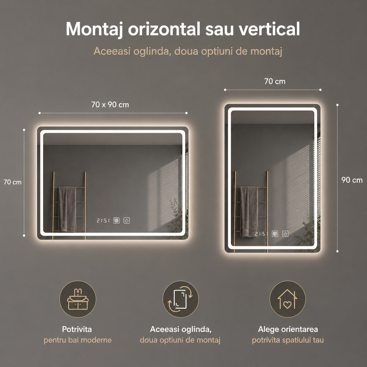 Oglinda LED Baie Smart 70x90 cm - montaj orizontal sau vertical
