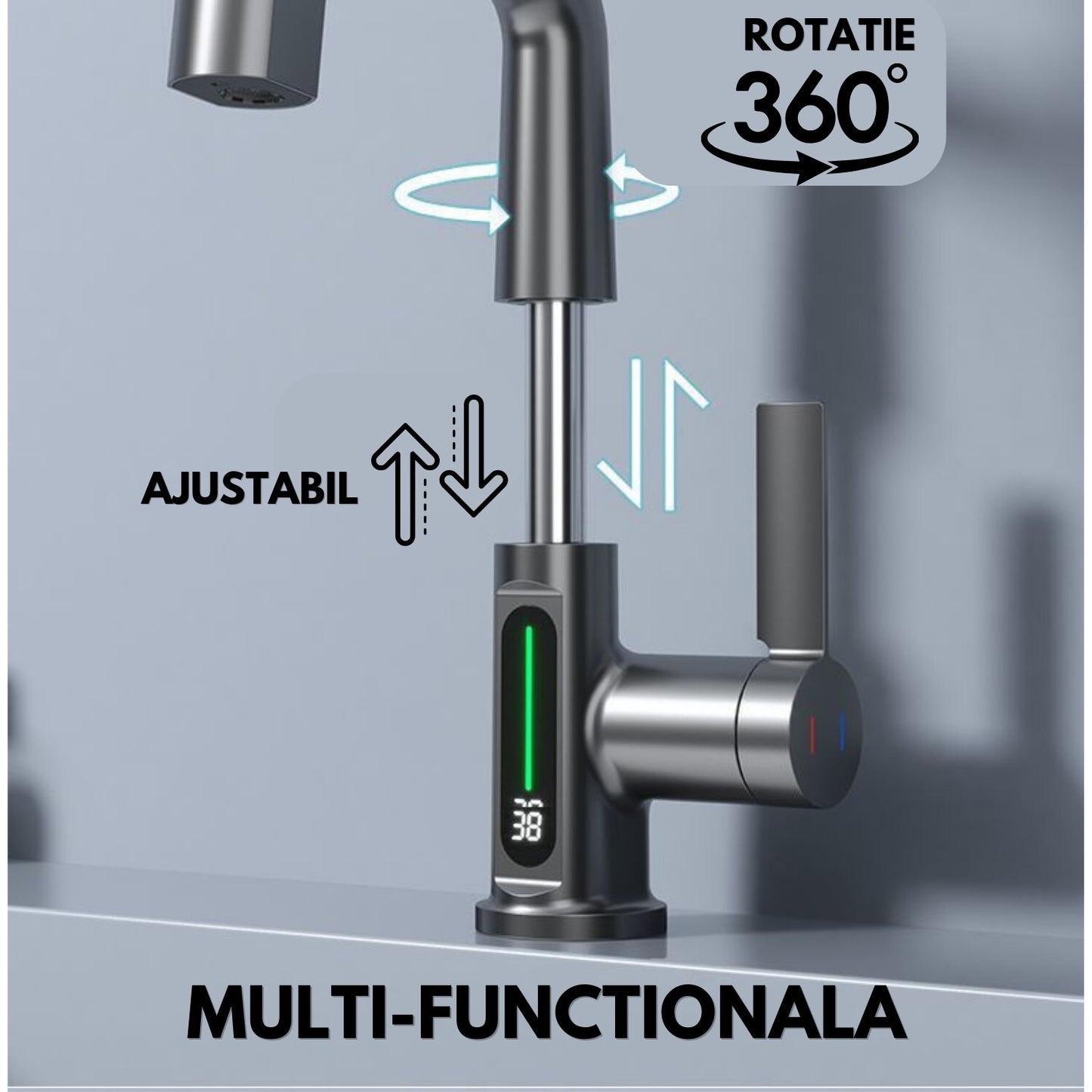 Baterie Chiuveta Baie, Afisaj Digital Al Temperaturii, LED Cu Reglaj Adaptabil In Functie De Temperatura Apei,Negru 30 cm