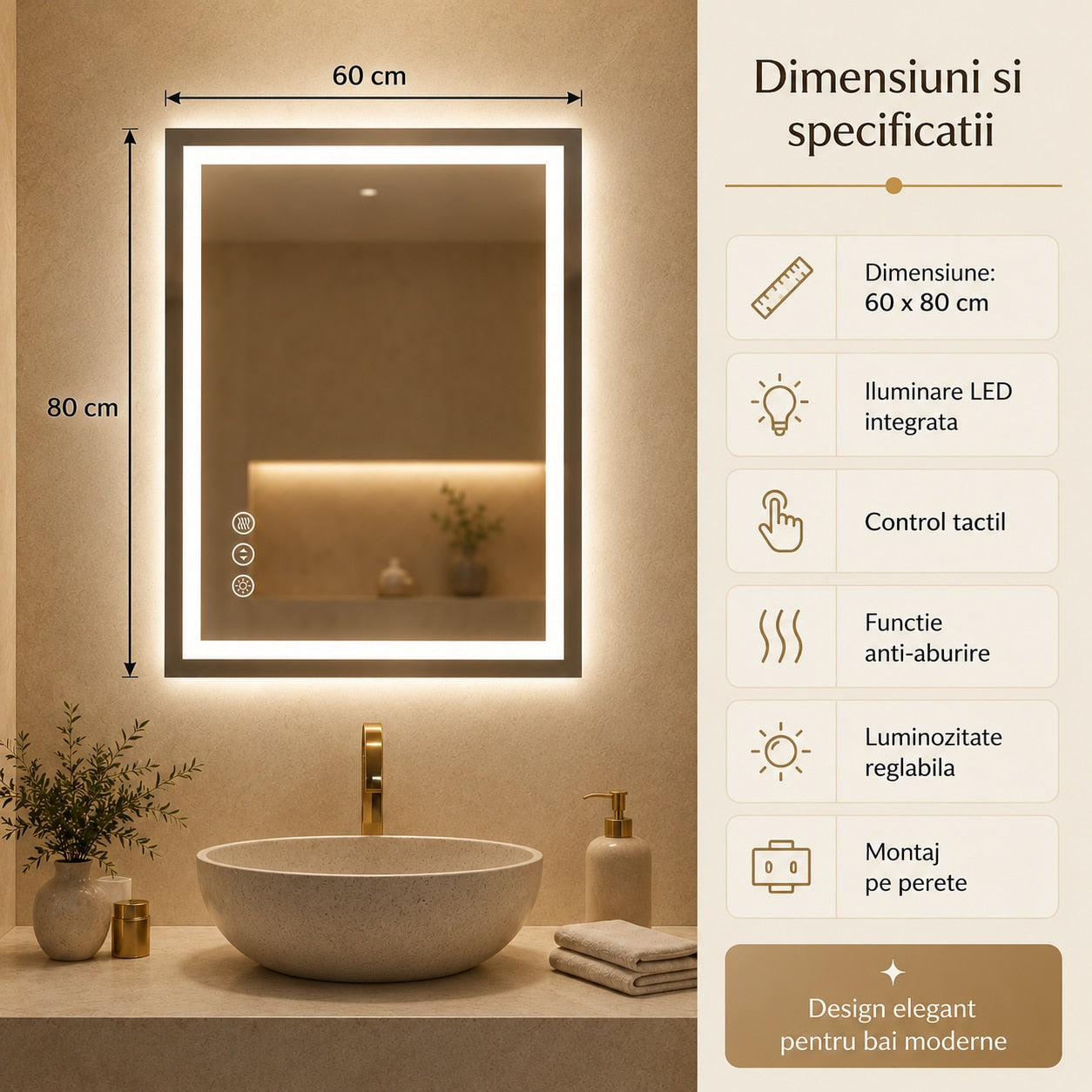 Oglinda LED Baie Smart 60x80 cm - luminozitate reglabila