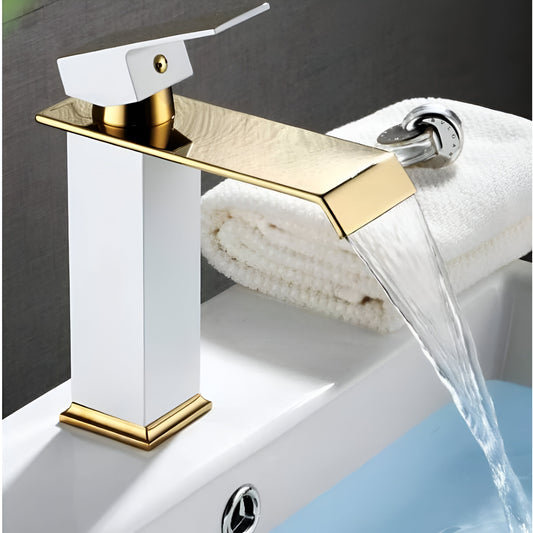Baterie Chiuveta Baie, Tip Cascada, Monocomanda, Design Minimalist, Racorduri incluse, Otel Inoxidabil, Puternica si Durabila, Rezistenta la rugina si coroziune, usor de instalat, SMARTGADGETS C&A, Alb-Auriu, 19 CM