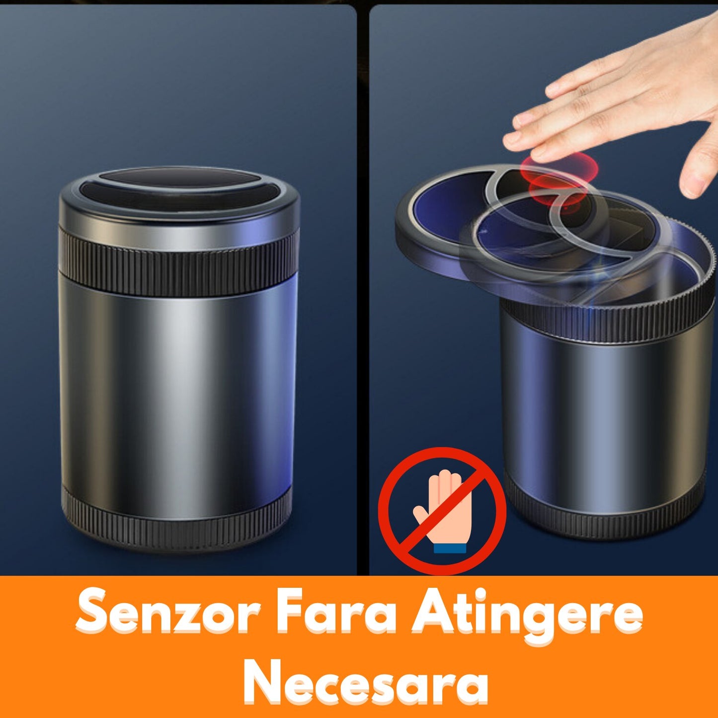 Scrumiera Auto, Deschiderea si inchiderea automata a capacului Cu Senzor, Aliaj aluminiu/ABS,Iluminare LED, Incarcare USB, Negru