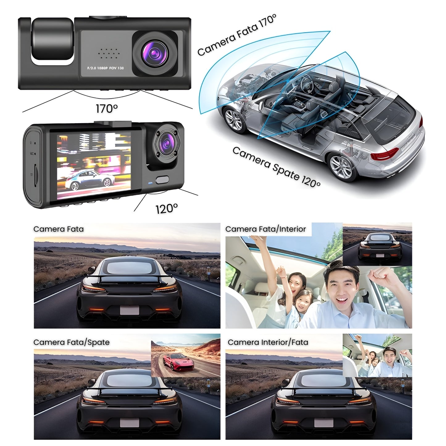 Camera Auto DVR, 3 In 1, Camera De Bord, Interior, Marsarier, Ultracompacta, FULL HD 1080P, Card Micro-SD 32GB Inclus, Wifi Conectare Telefon, Inregistrare in bucla, G-Sensor, Unghi filmare larg, Negru