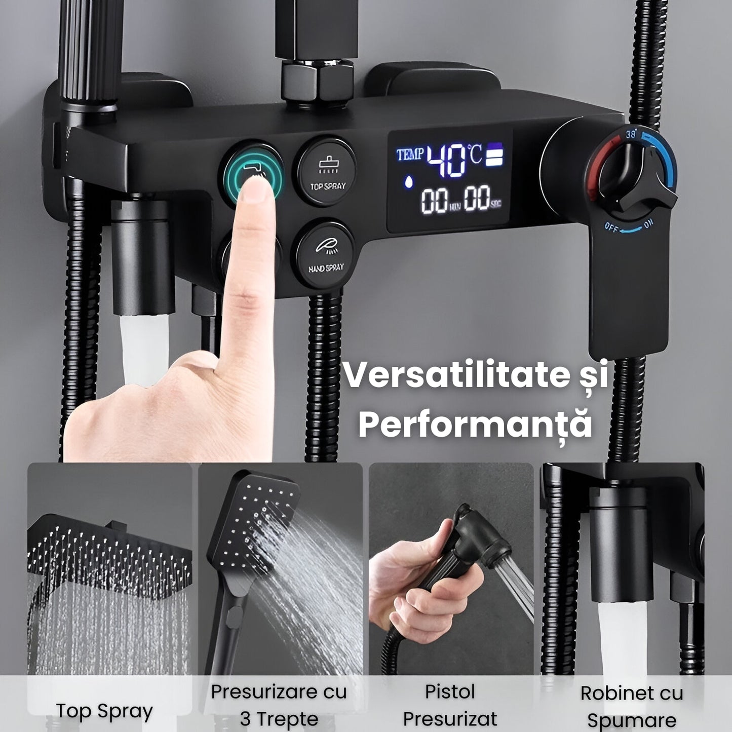 Coloana de Dus Smart, Afisaj LED, Control Termostatic,4 Moduri de Pulverizare, Tehnologie de Pulverizare cu Aer, Lumini LED, Materiale Premium,Negru Intens