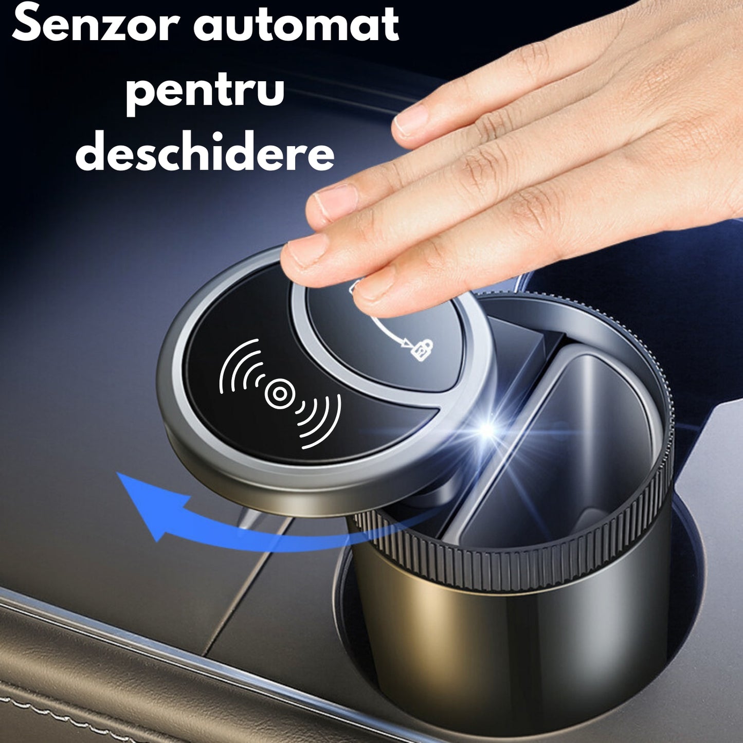 Scrumiera Auto, Deschiderea si inchiderea automata a capacului Cu Senzor, Aliaj aluminiu/ABS,Iluminare LED, Incarcare USB, Negru