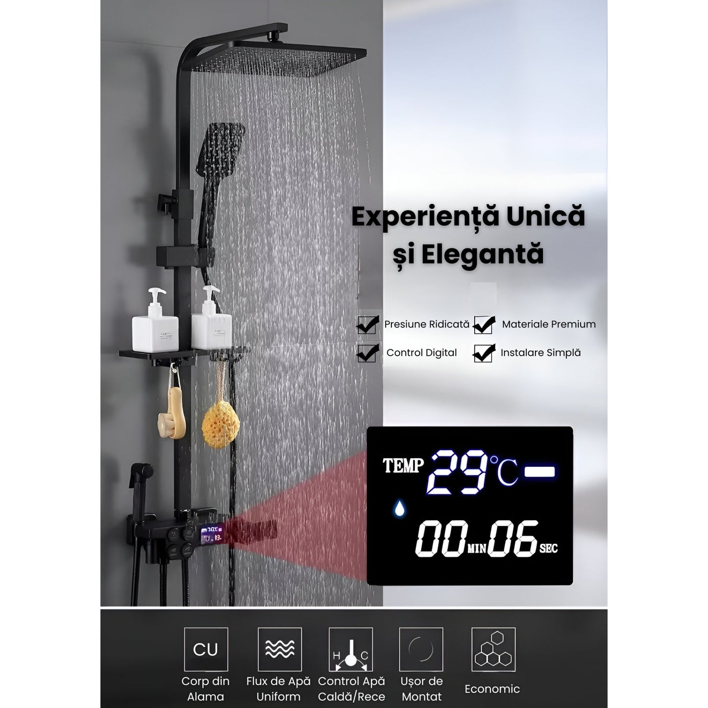 Coloana de Dus Smart, Afisaj LED, Control Termostatic,4 Moduri de Pulverizare, Tehnologie de Pulverizare cu Aer, Lumini LED, Materiale Premium,Negru Intens
