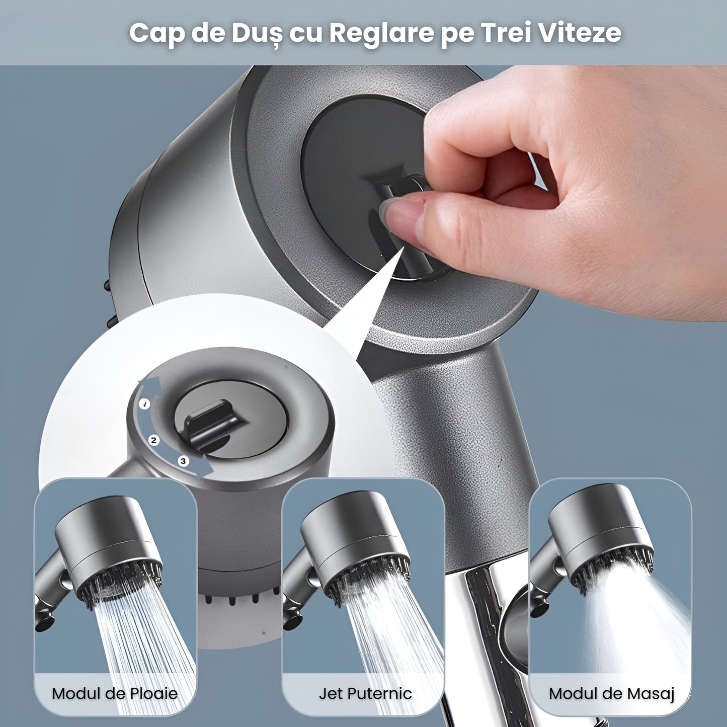 Para Tip Cap de Dus Premium 4 In 1, Buton Oprire-Pornire Jet,3 Moduri Diferite De Presiune si Economisire a Apei,Gri