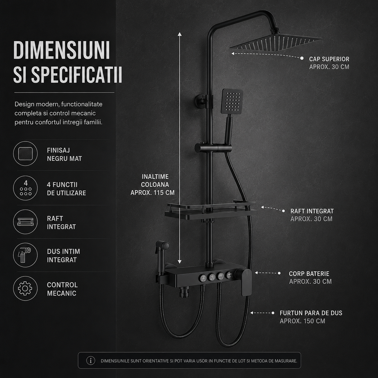 Coloana de Dus Smart, Butoane Interactive, 4 Moduri de Pulverizare,Negru