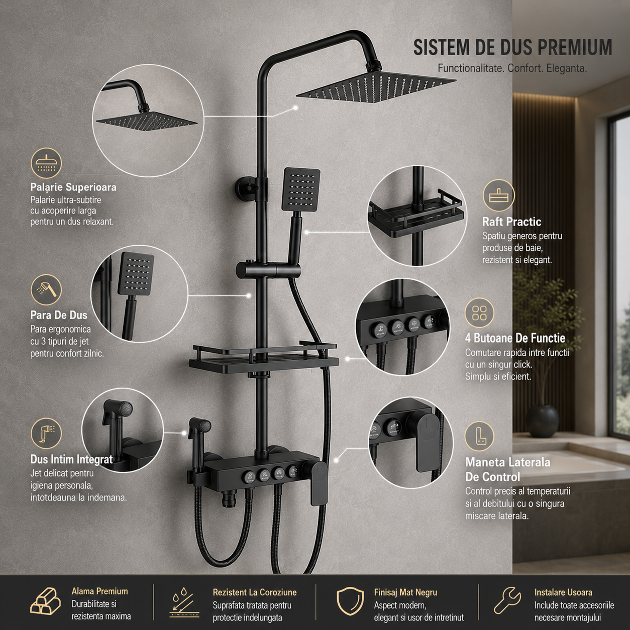 Coloana de Dus Smart, Butoane Interactive, 4 Moduri de Pulverizare,Negru