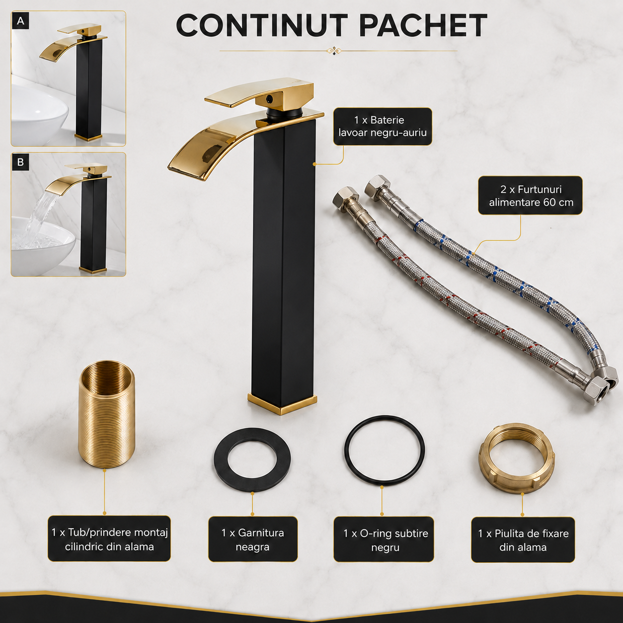 Baterie Baie Cascada, Inaltime 30 Cm,Negru-Auriu