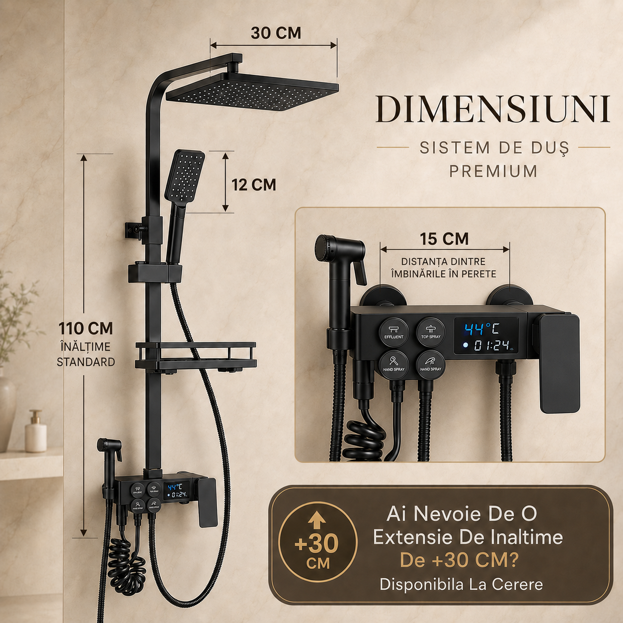 Coloana de Dus Smart, Butoane Interactive, 4 Moduri de Pulverizare,Negru