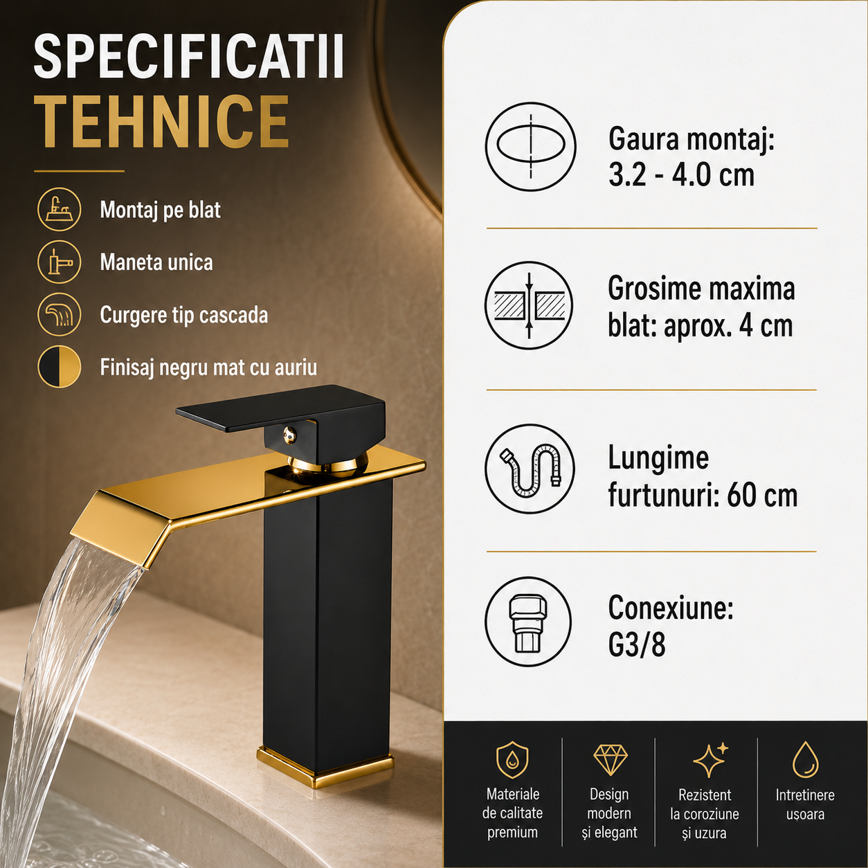 Baterie Chiuveta Baie, Tip Cascada, Negru-Auriu 19 CM